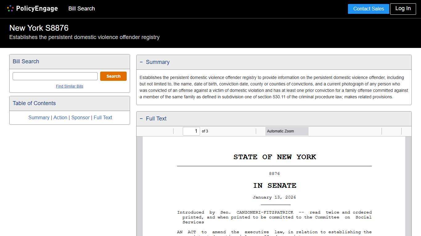 S8876 New York 2025-2026 Establishes the persistent domestic violence offender registry - Legislative Tracking PolicyEngage